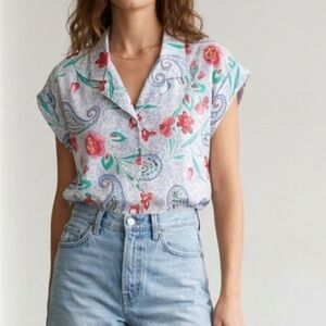 Vintage Cotton Paisley Floral white blue buttonup shirt top coastal Vacation